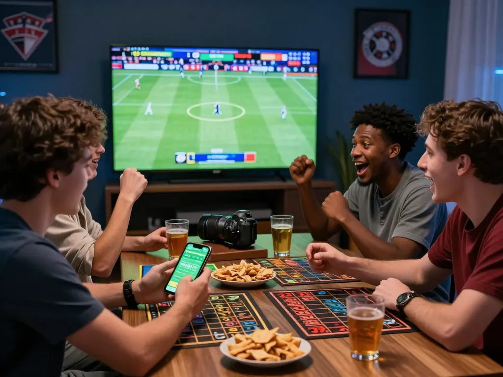 Friends enjoying 99exch betting during a sports game night with snacks and excitement.