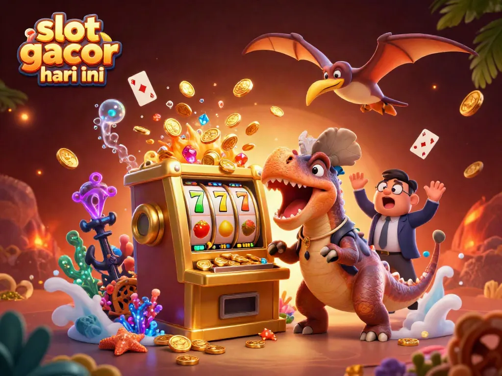 Engage with slot gacor hari ini as a 3D cartoon dinosaur activates a golden machine, capturing wins with excitement.