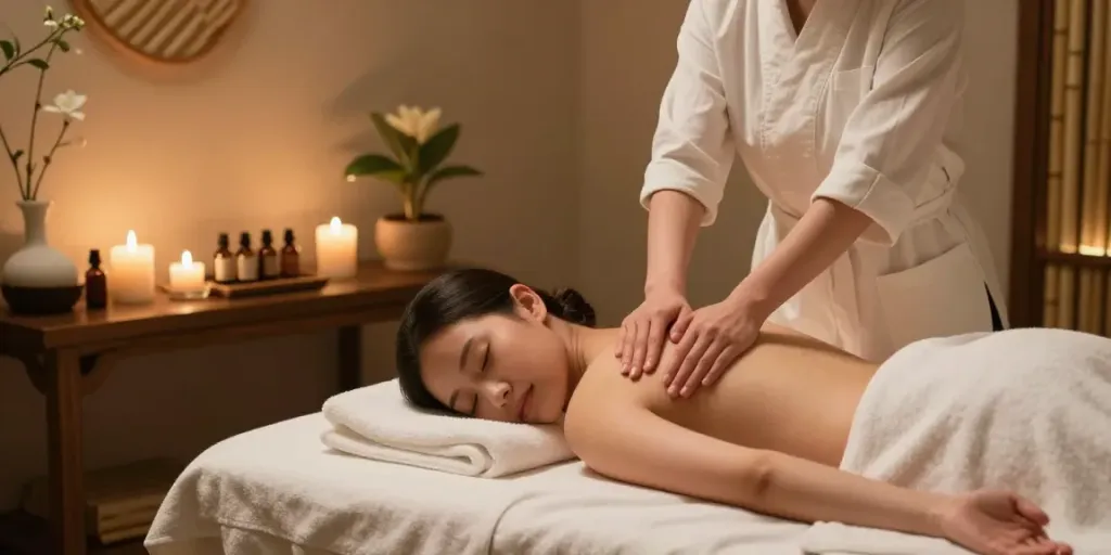 다낭 밤문화에서 제공되는 럭셔리 스파 마사지 치료 장면, 편안한 분위기와 소중한 여유를 느낄 수 있습니다.
