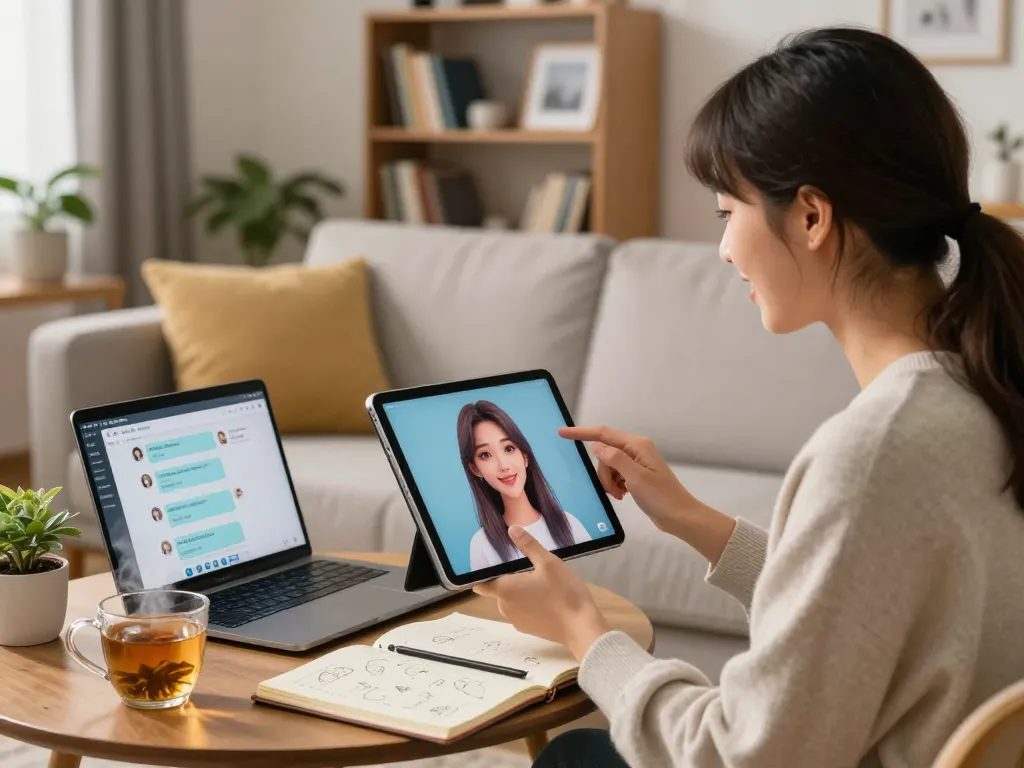 Engaging with an AI girlfriend on a tablet in a cozy living room.