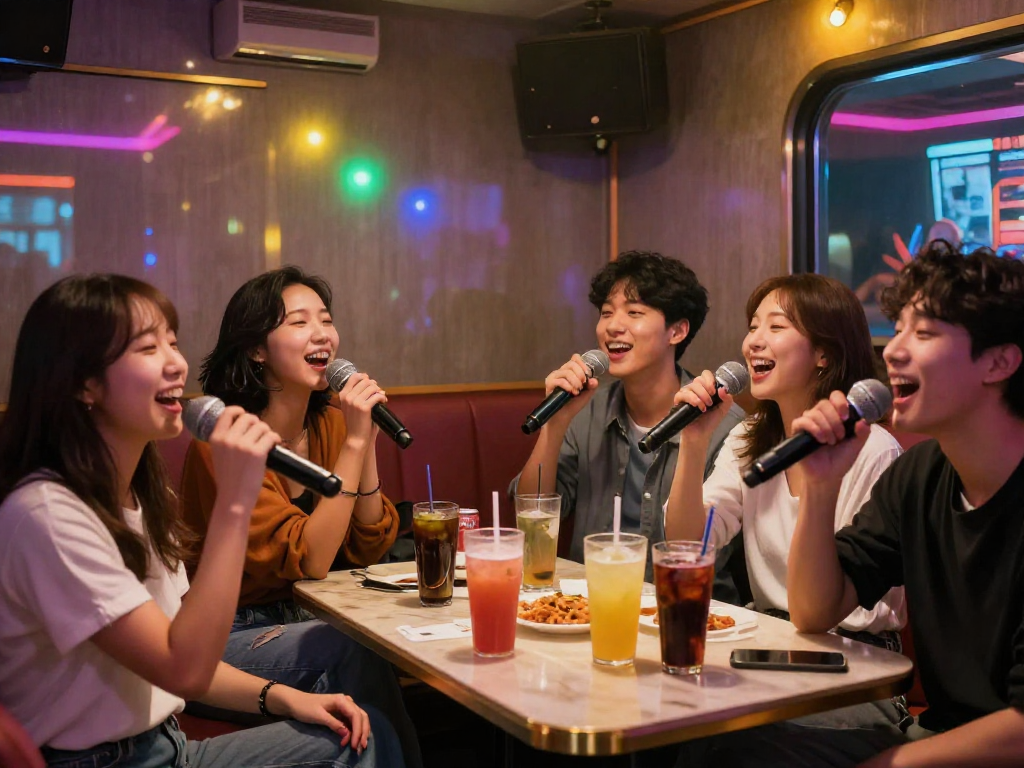 유앤미 가라오케에서 친구들과 즐겁게 노래하는 모습과 아늑한 분위기