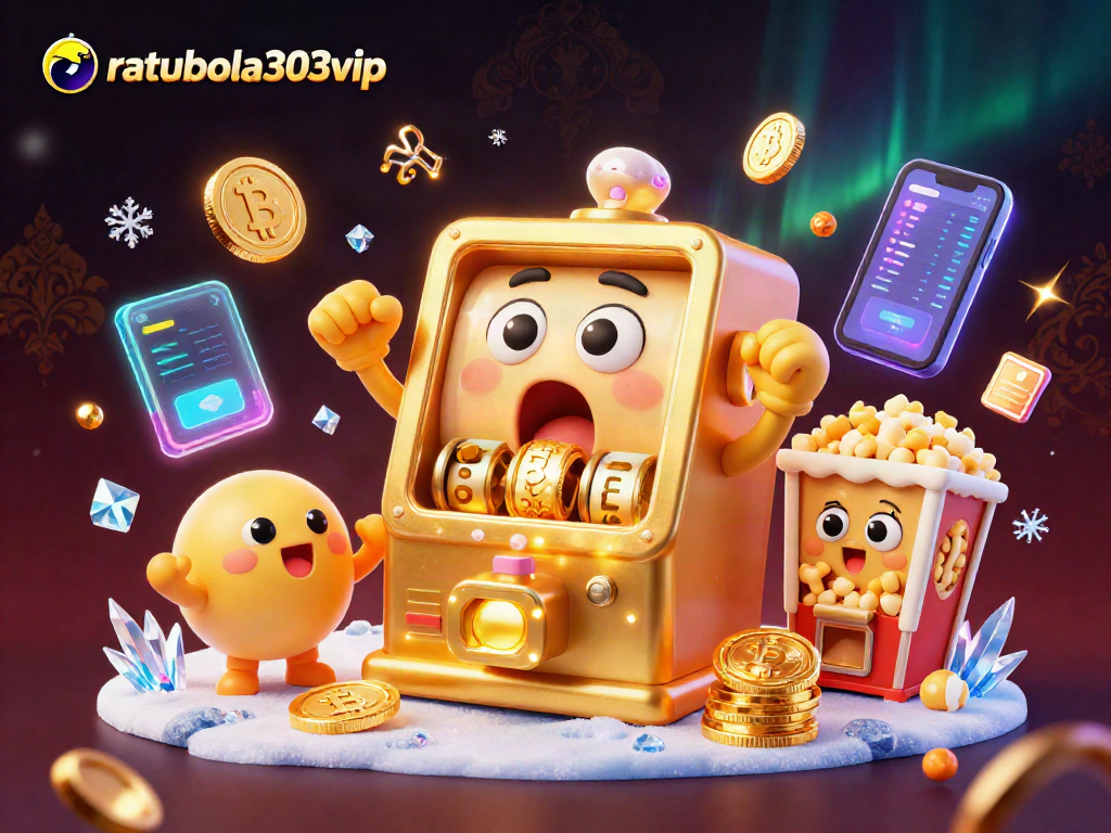 Memenangkan besar di ratubola303vip dengan slot mesin emas menunjukkan jackpot, dikelilingi oleh koin crypto dan elemen kasino lainnya.