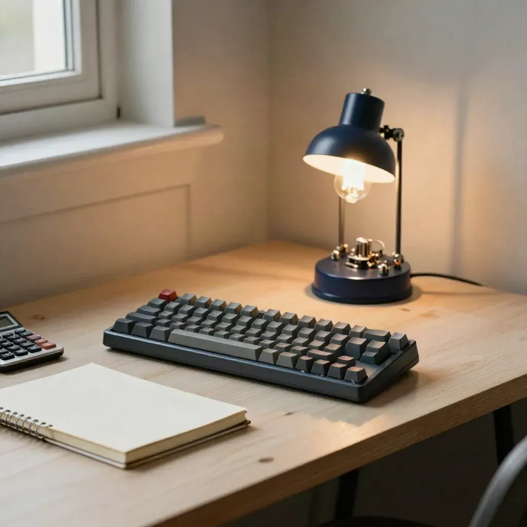 Cozy coding bench with keyboard, notebook, calculator, and a glowing lamp prototype.