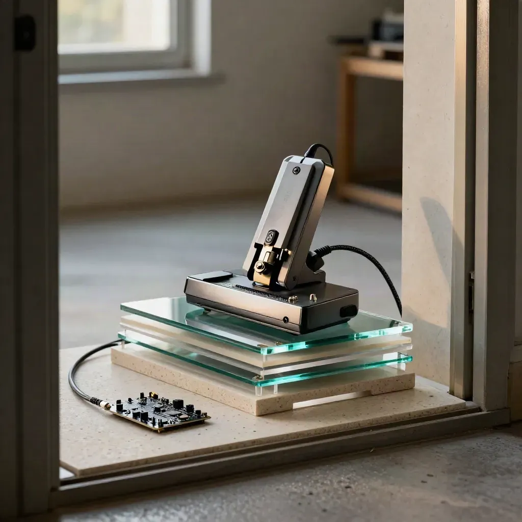 A web-development build on travertine with acrylic panels, router, ethernet line, and prototype board.