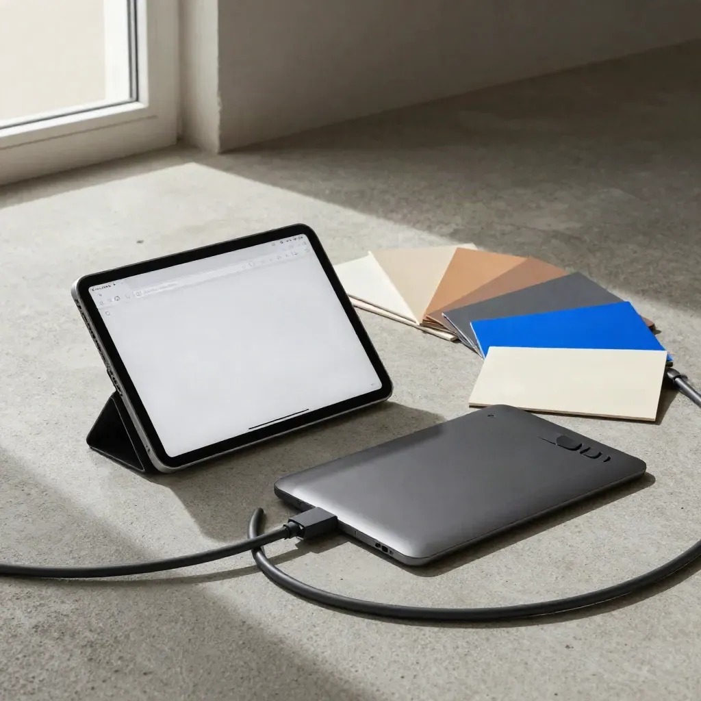 Face-down tablet with color chips, trackpad, and cable on concrete in a browser-app planning scene.