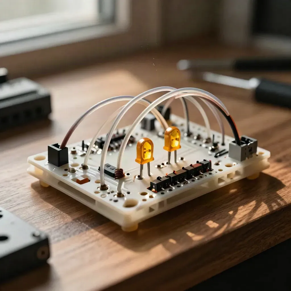 Macro of a microcontroller breadboard project cycling two amber LEDs on a warm workbench.