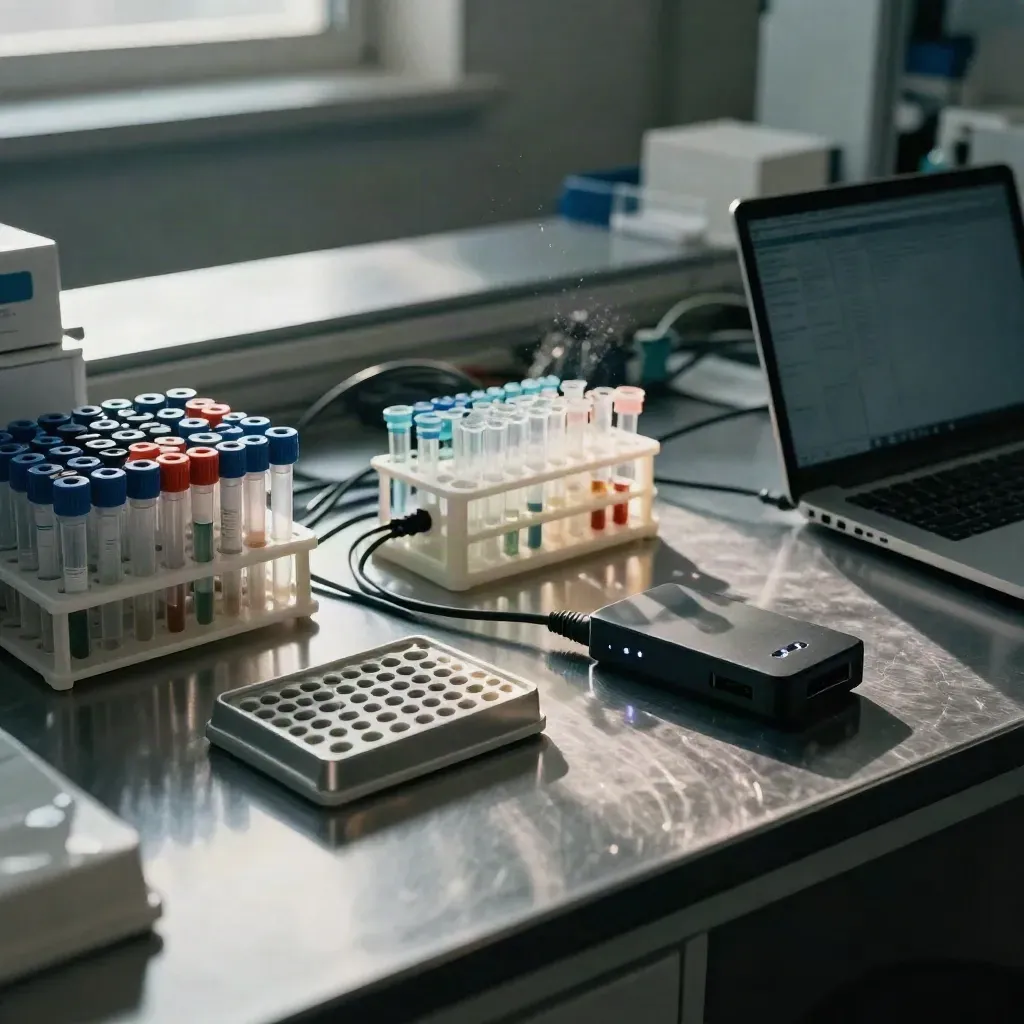 Lab data-cleaning setup with microplates, sample tubes, cables and a laptop edge in warm window light.