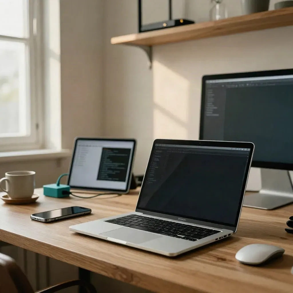 Warm portfolio workspace with a turned laptop, sample devices, and blank mockup boards in late light.