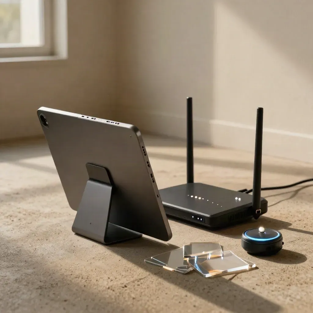 Tablet stand, router, acrylic cards and glowing gadget on a classroom floor in evening light.