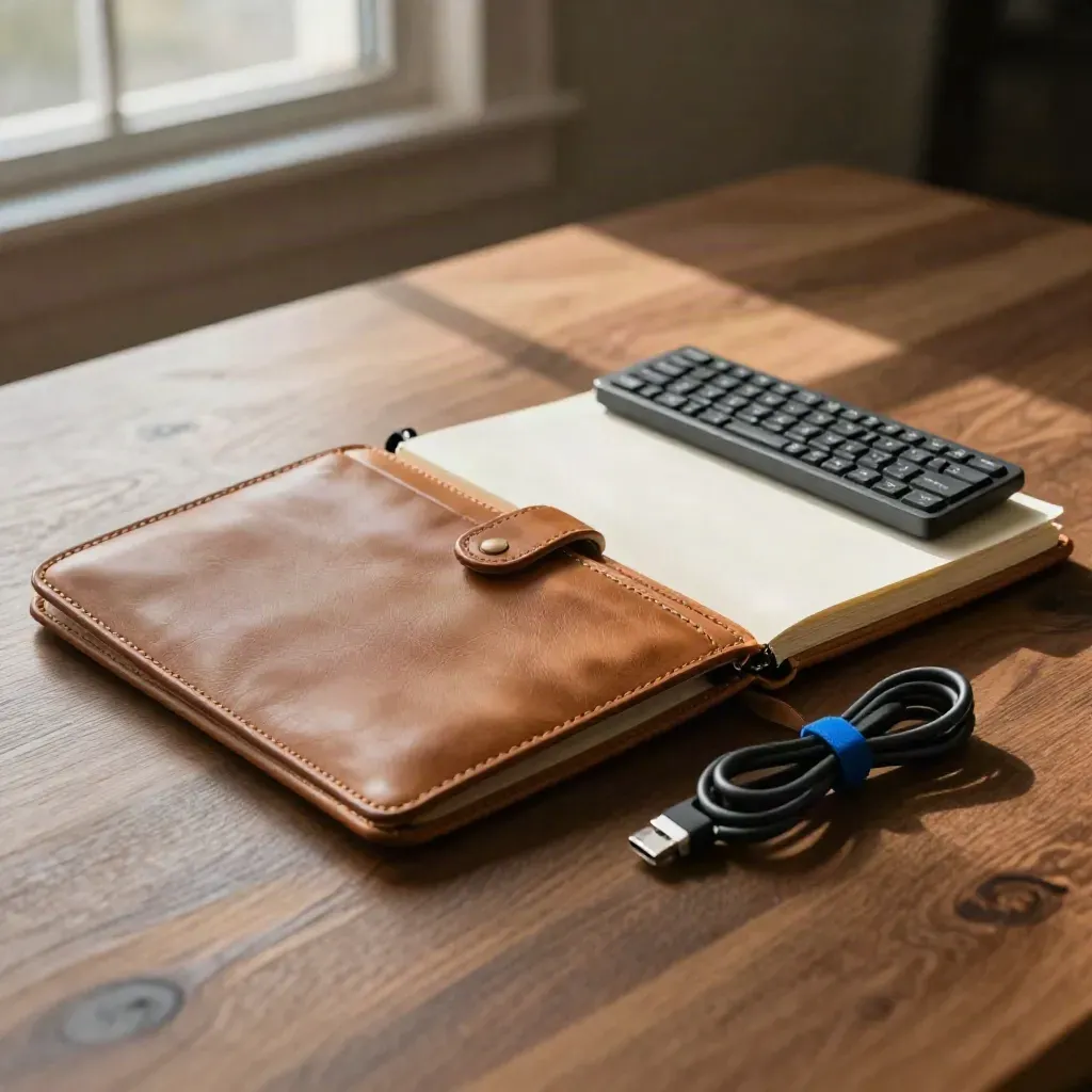 Career-change kit with folio, notebook, keyboard and cable organizer on warm wood by window