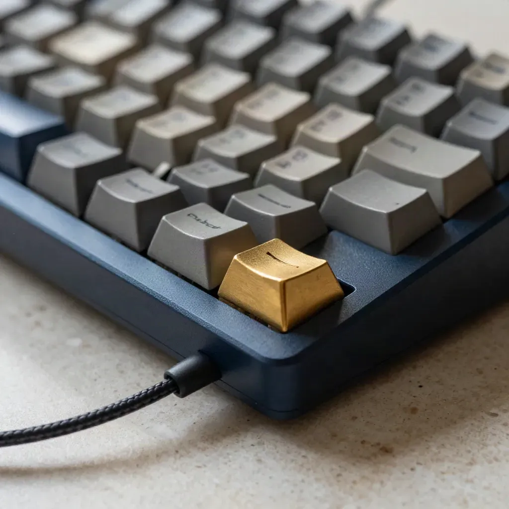 Macro keyboard cluster with brass escape key, worn spacebar, and braided cable on pale travertine.