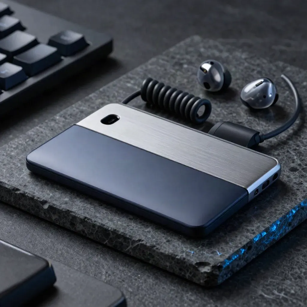 Trackpad, hub, earbud case, and coiled cable on dark stone in dramatic light