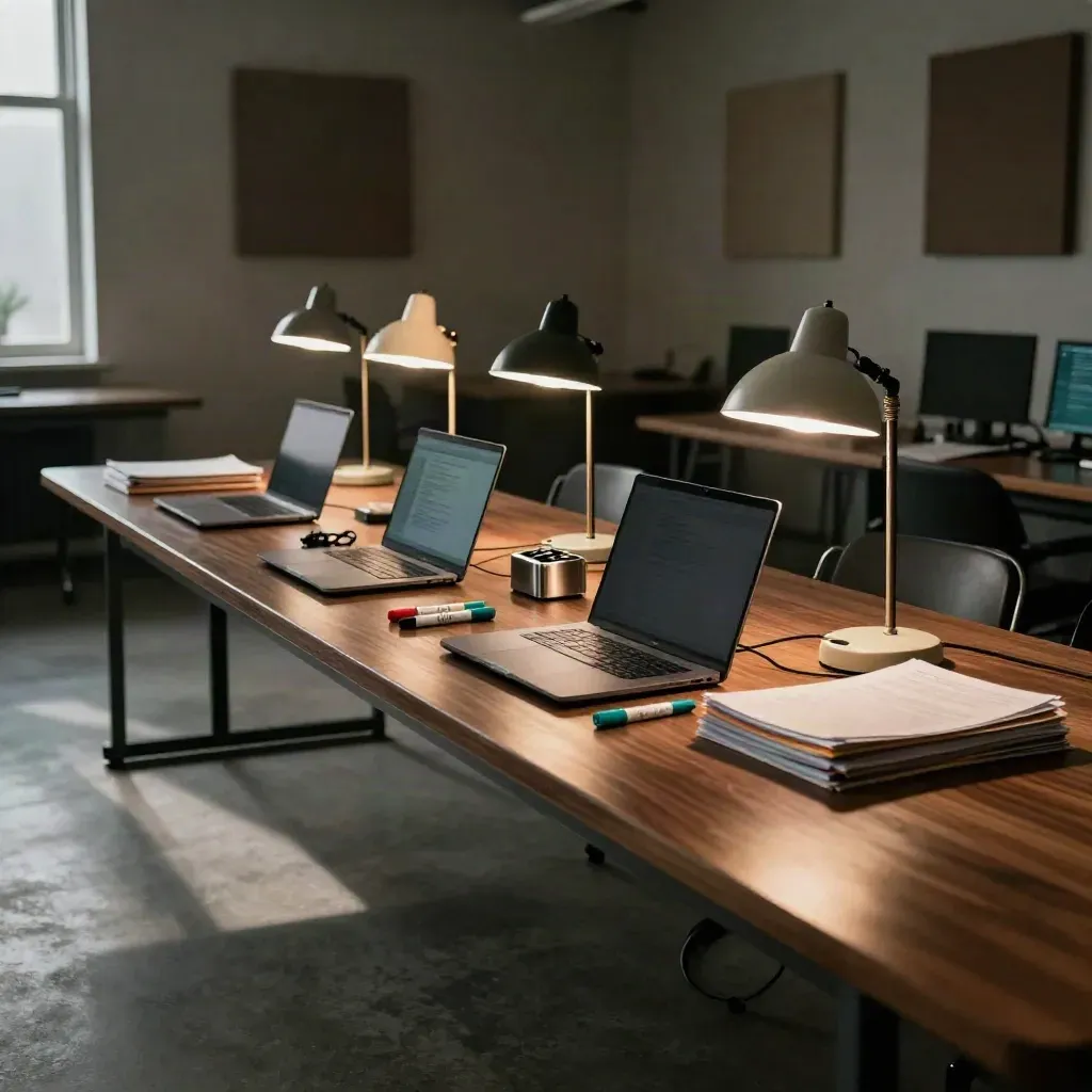 Empty coding bootcamp review station with closed laptops, lamps, chargers, and long shadows.