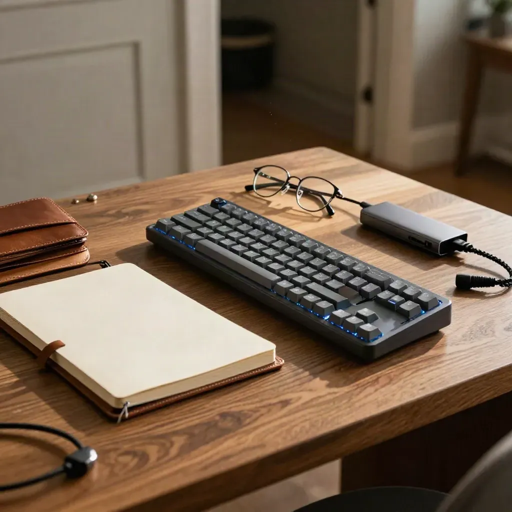 Sunlit coding starter kit with folio, notebook, keyboard, and folded glasses by a window.