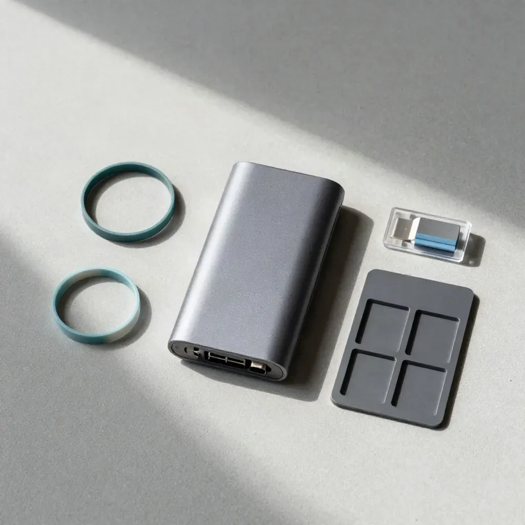 Overhead flatlay of cable ties, USB-C hub, key switch sample, and blank token cards on concrete.