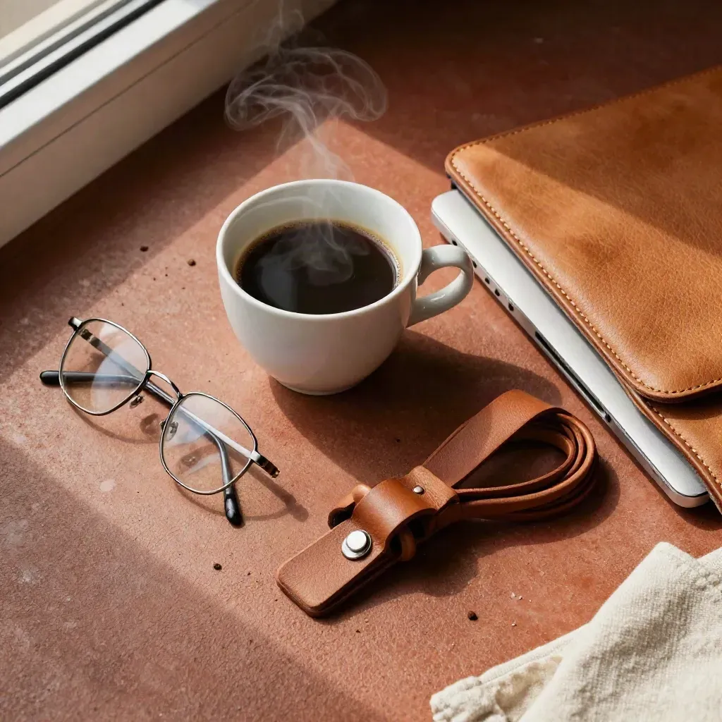 Top-down coffee still life with glasses, laptop sleeve and cable wrap on warm concrete.