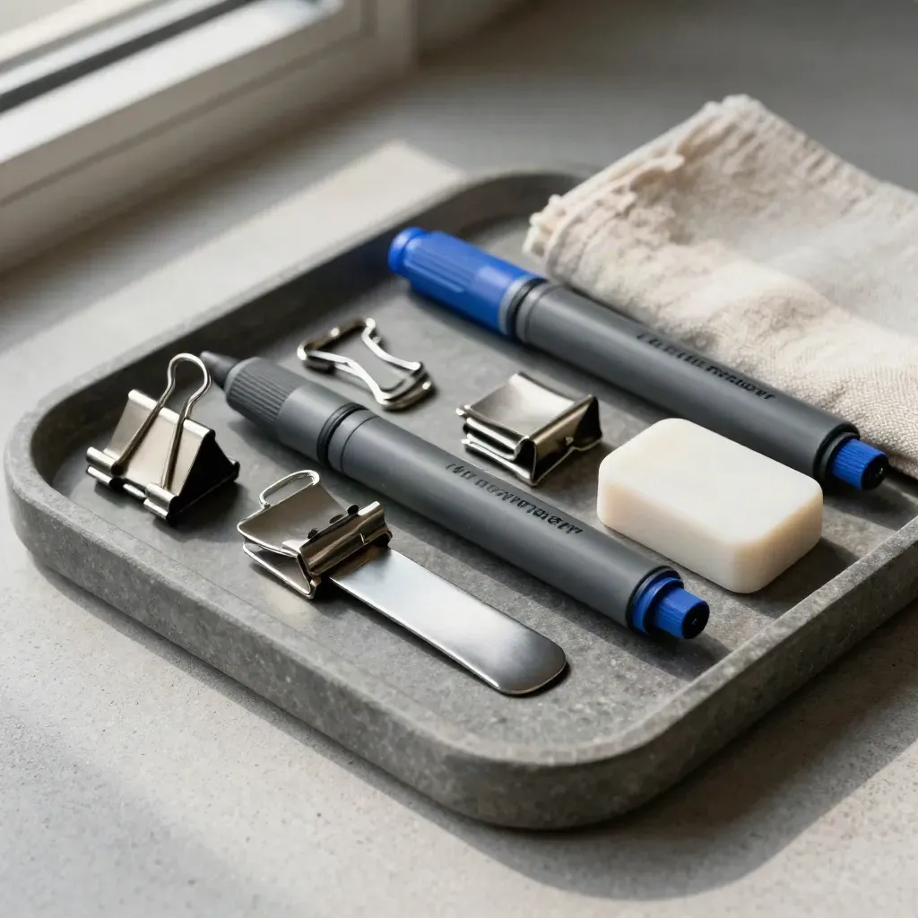 Stone tray with code-review markers, eraser, cable clips and a metal bookmark in soft side light