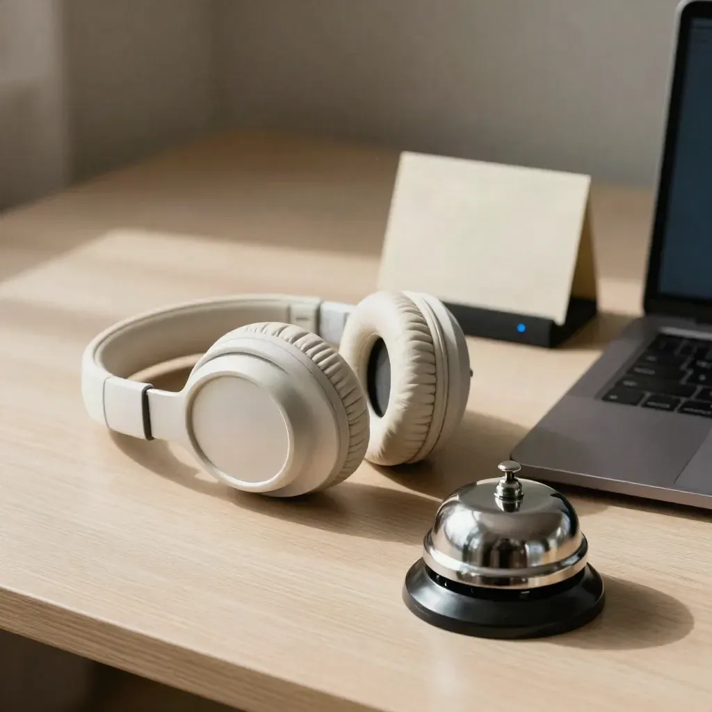 Headset, timer, desk bell, and closed laptop on pale wood in soft light.