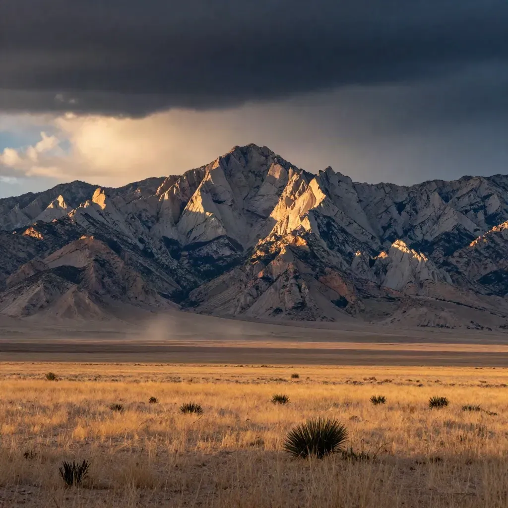 Guadalupe Mountains above a calm ochre basin at post-rain sunset