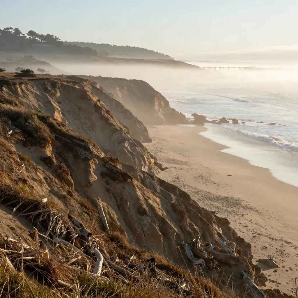 Misty California bluffs at sunrise with a distant bridge line and pale surf.