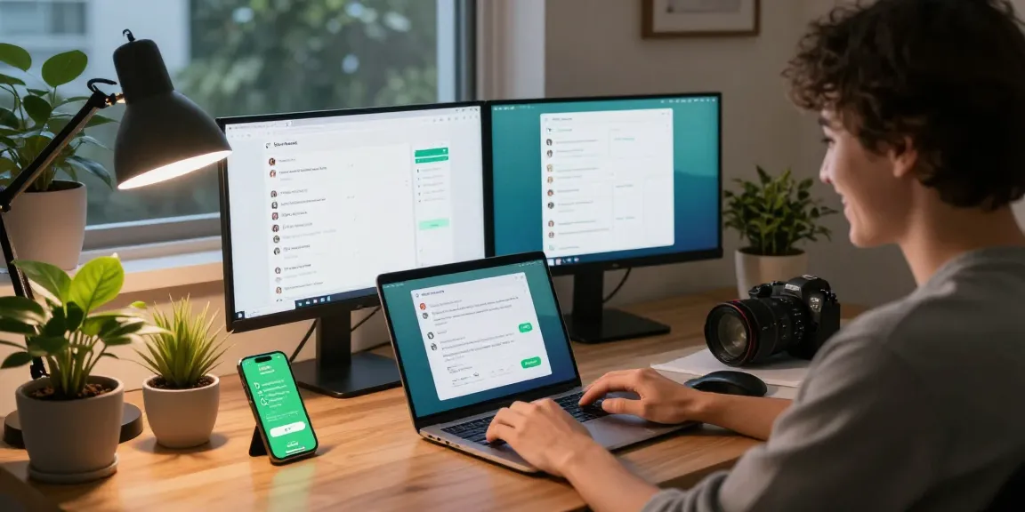 Person using WhatsApp網頁版 on a laptop in a modern home office.