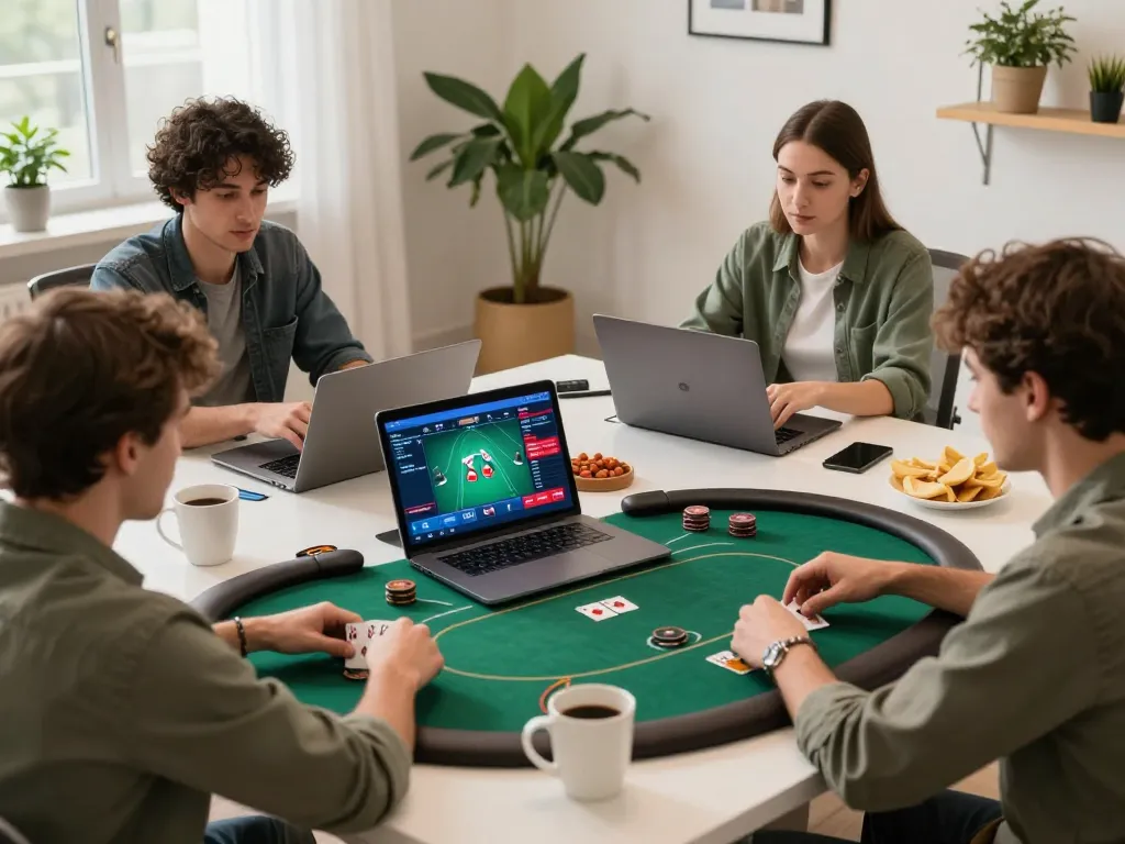 Terlibatlah dengan jalatogel secara online saat para pemain merancang strategi selama sesi permainan poker yang semarak.