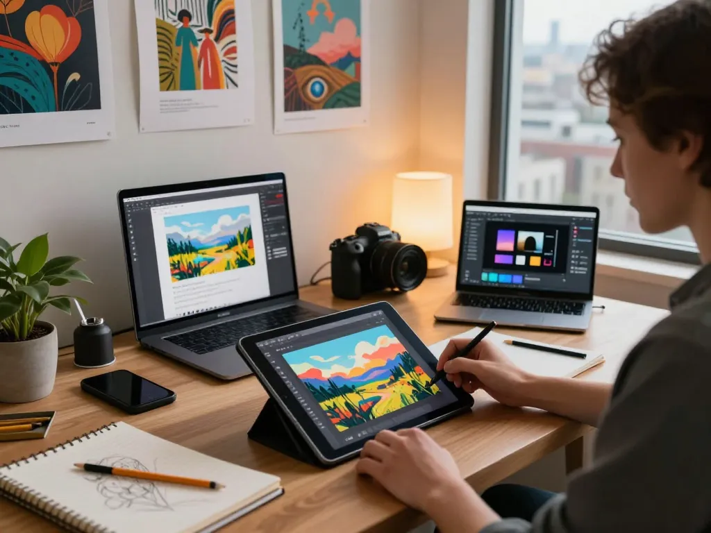 Digital artist using an image to prompt tool in a modern creative studio, illustrating AI prompt generation.