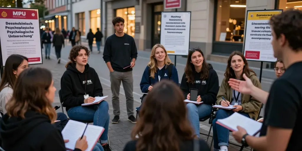 Aktive Diskussion über MPU wegen Drogen in urbaner Umgebung mit engagierten Teilnehmern