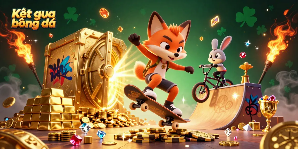 Experience Kết quả bóng đá through a vibrant 3D action scene with a playful fox and rabbit immersed in casino-themed elements.