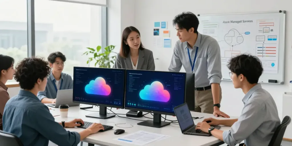 Team collaborating on Azure managed services in a modern office, showcasing microsoft azure managed service provider solutions.