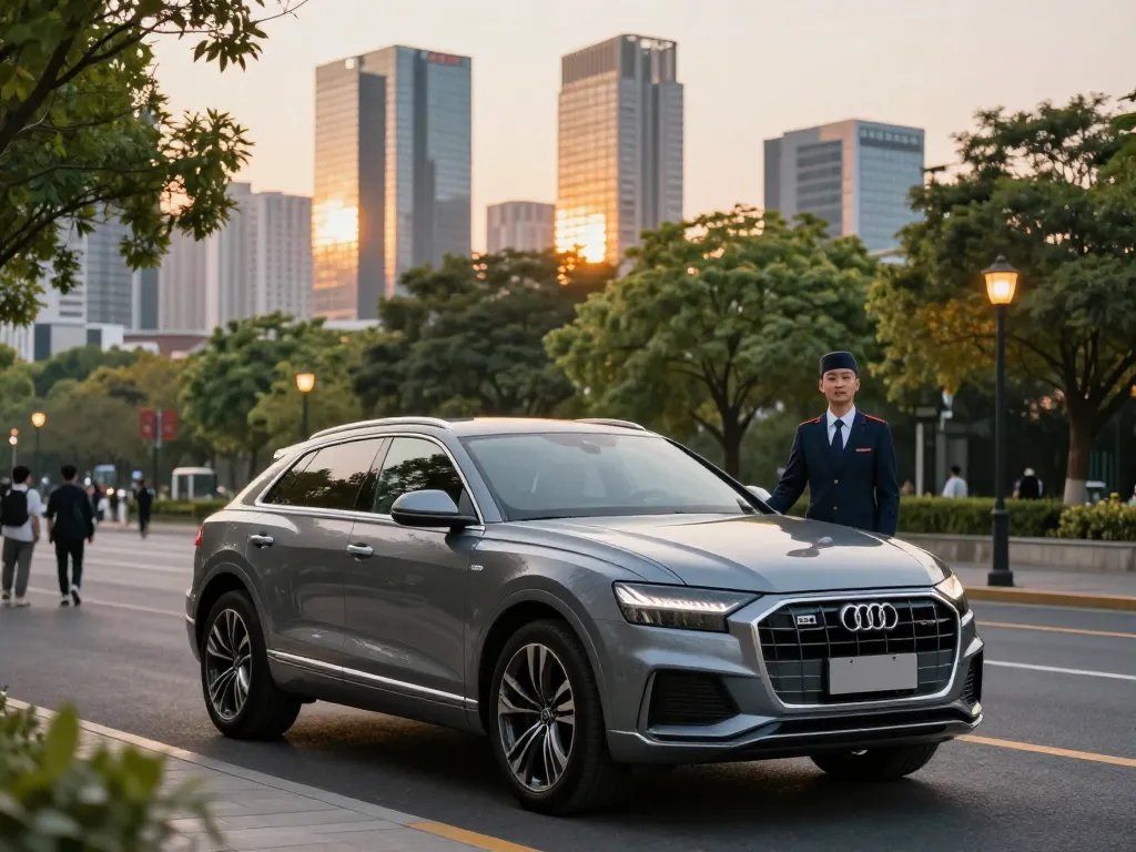 Trải nghiệm cho thuê xe ô tô hạng sang cao cấp với Audi Q8 đỗ trong một không gian đô thị sang trọng.