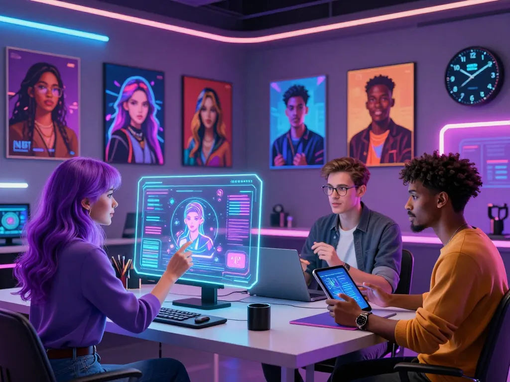 Futuristic NSFW AI workspace with diverse influencers engaging creatively in a vibrant digital environment.