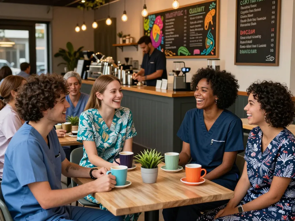 Friends in colorful scrubs enjoying coffee at a café; Scrubs Is Back theme.