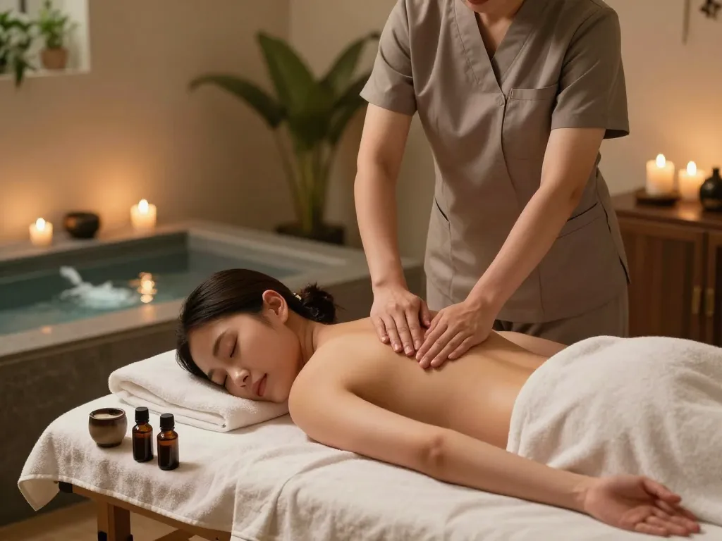 출장마사지 service being provided in a tranquil spa setting with soothing ambiance.