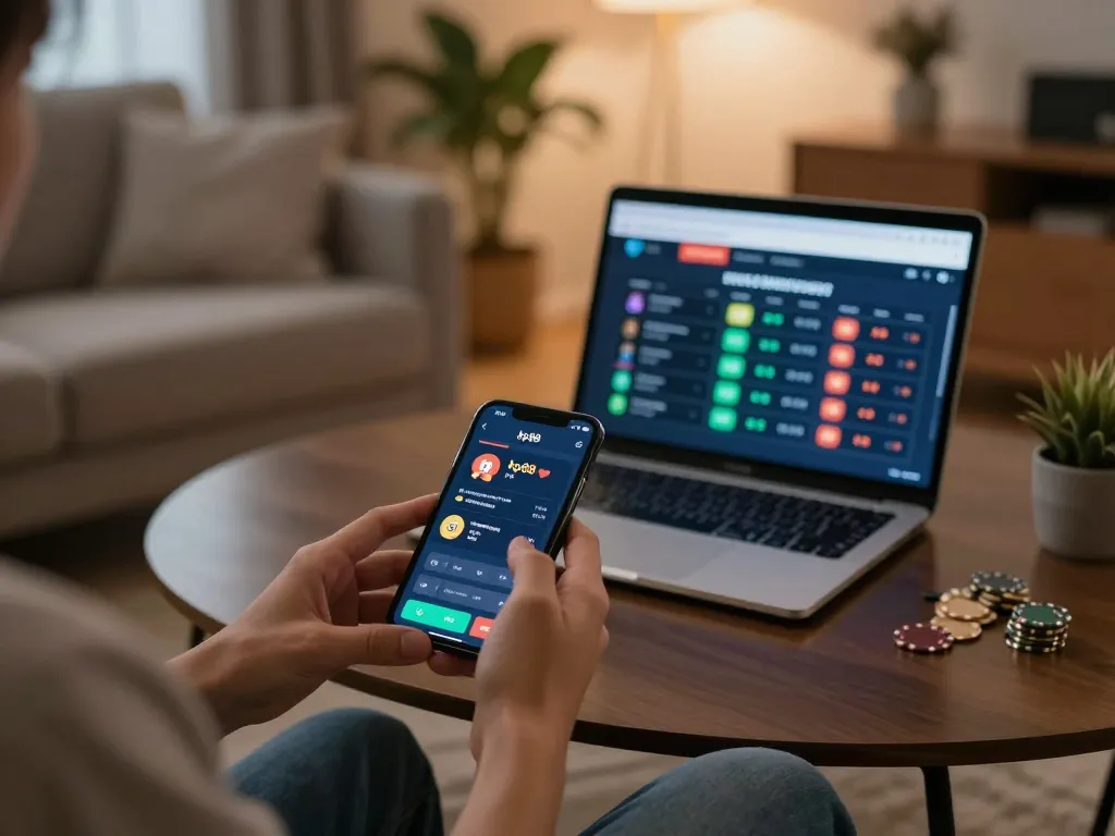 Player using the app kp88 on smartphone in cozy home setting, capturing mobile gaming excitement