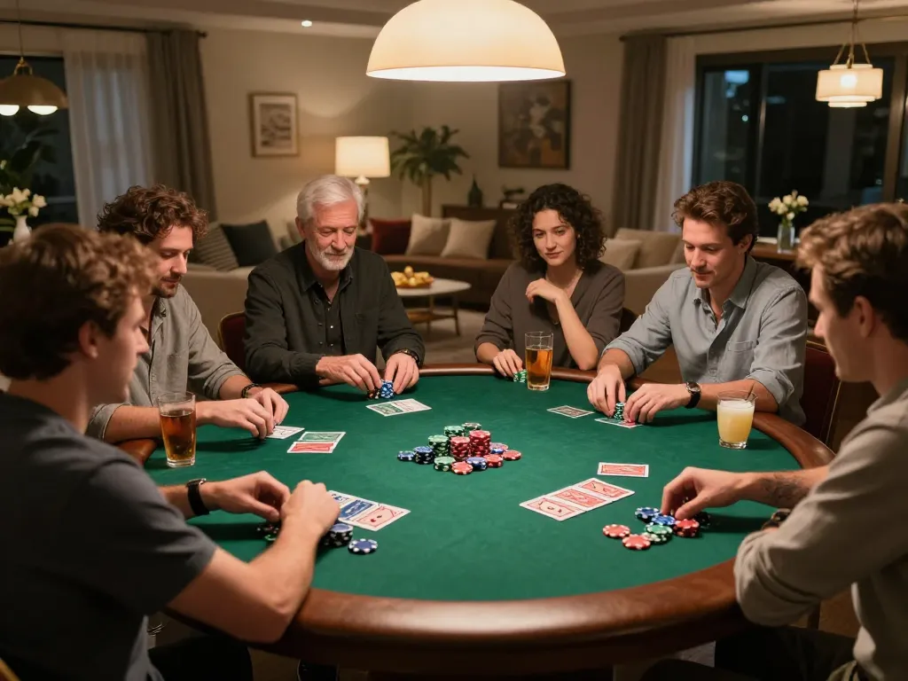Friends enjoying a lively poker night at home with alo8-themed game setup.