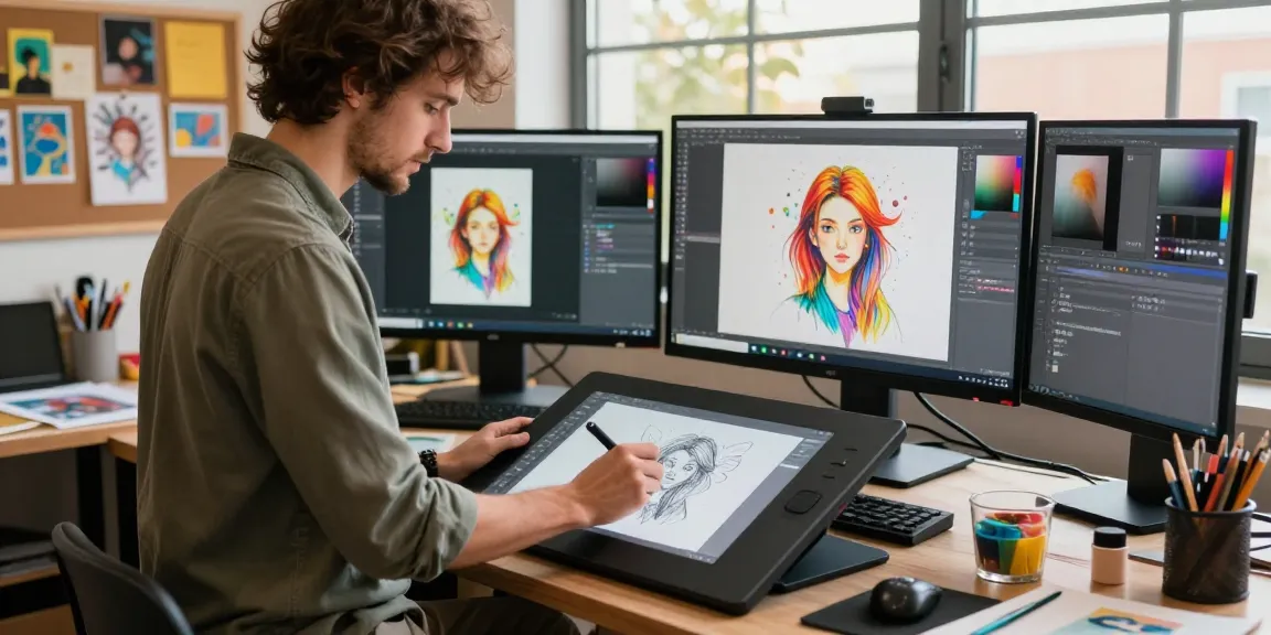 An artist using the advanced nano banana 2 AI image editor in a vibrant creative studio, transforming sketches into stunning digital art.