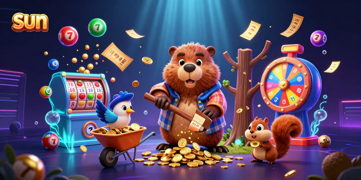 Experience the sun shining on a vibrant casino scene with a beaver, bird, and squirrel collecting coins.