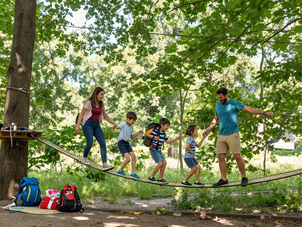 Family crossing a rope bridge in a vibrant woodland, showcasing outdoor adventure.