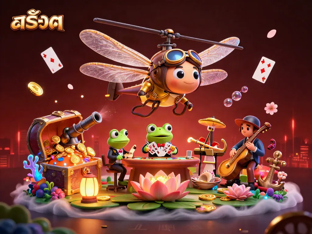 การเล่นสล็อตที่สนุกสนานในคาสิโนน้ำกับดีลเลอร์กบและนักดนตรีที่เล่นจังหวะแจ๊ส