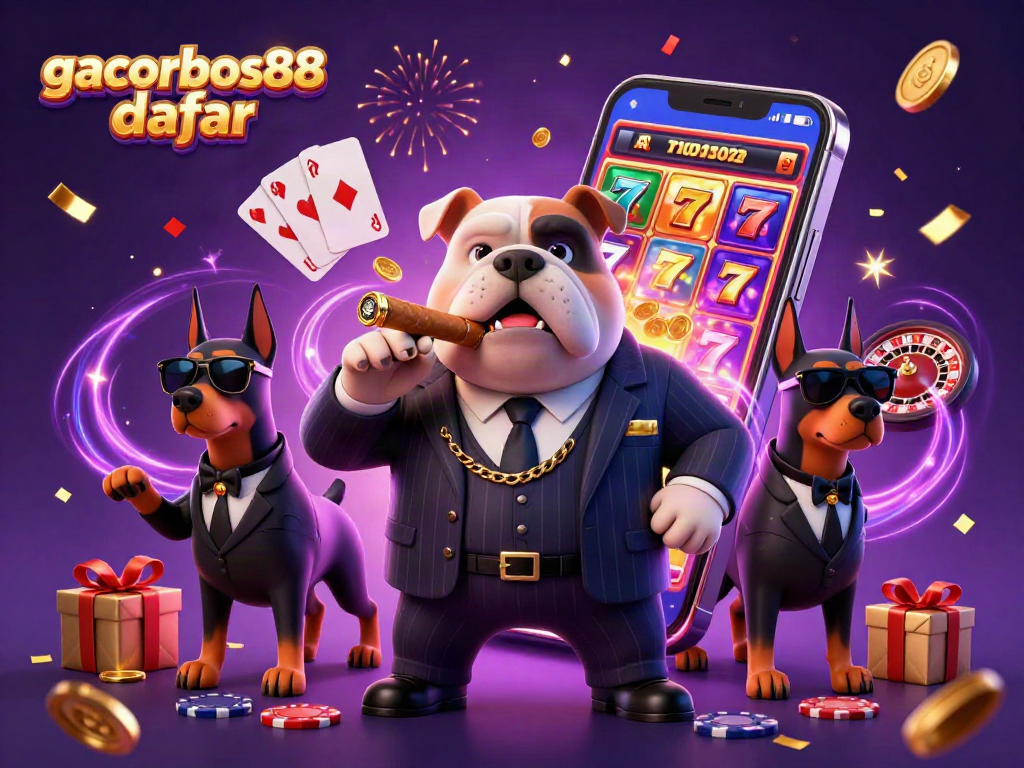 gacorbos88 daftar featuring a mafia bulldog and Doberman bodyguards celebrating with casino elements.