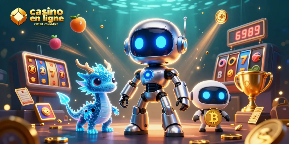 Illustration d'un casino en ligne retrait immédiat avec un robot cyberpunk et un dragon AI, entourés de machines à sous et de récompenses.