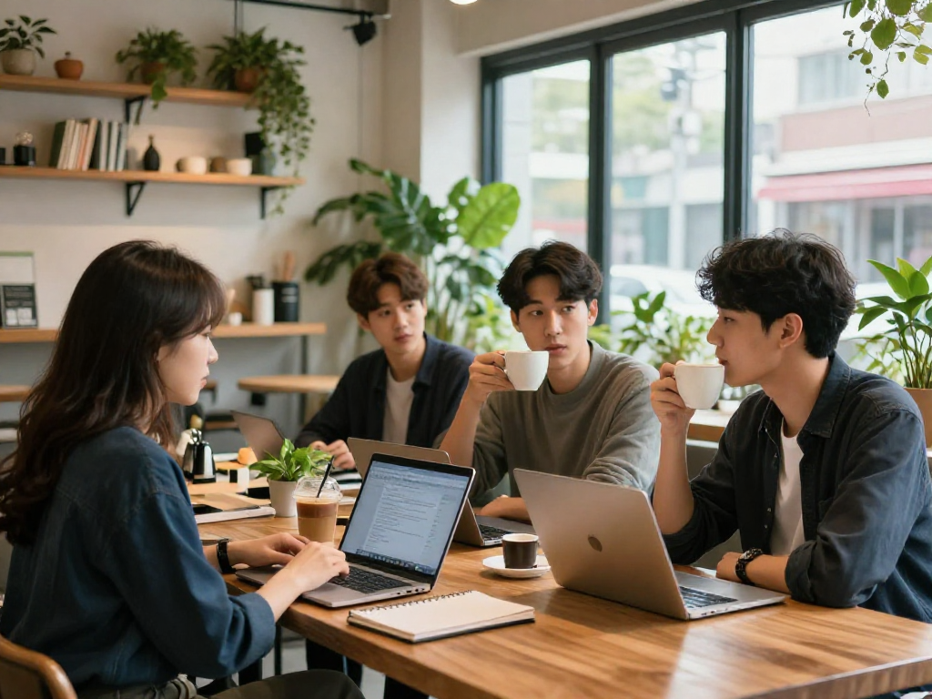 강남쩜오 분위기 좋은 카페에서의 즐거운 대화 모습