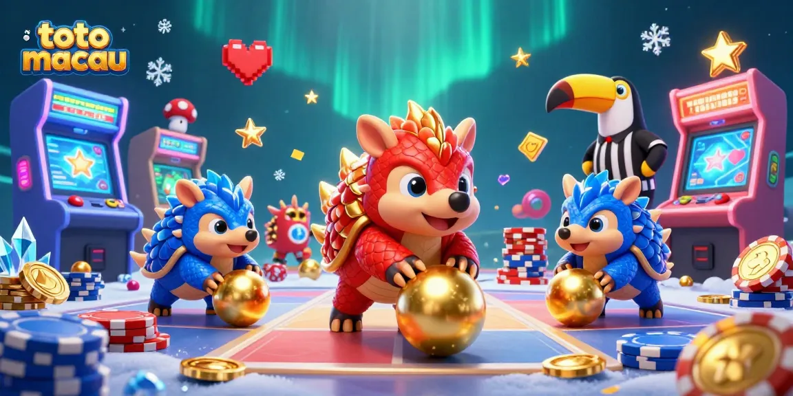 Gambarkan toto macau dengan pangolin berarmor meriah melempar bola emas dan chip poker di latar belakang ceria.
