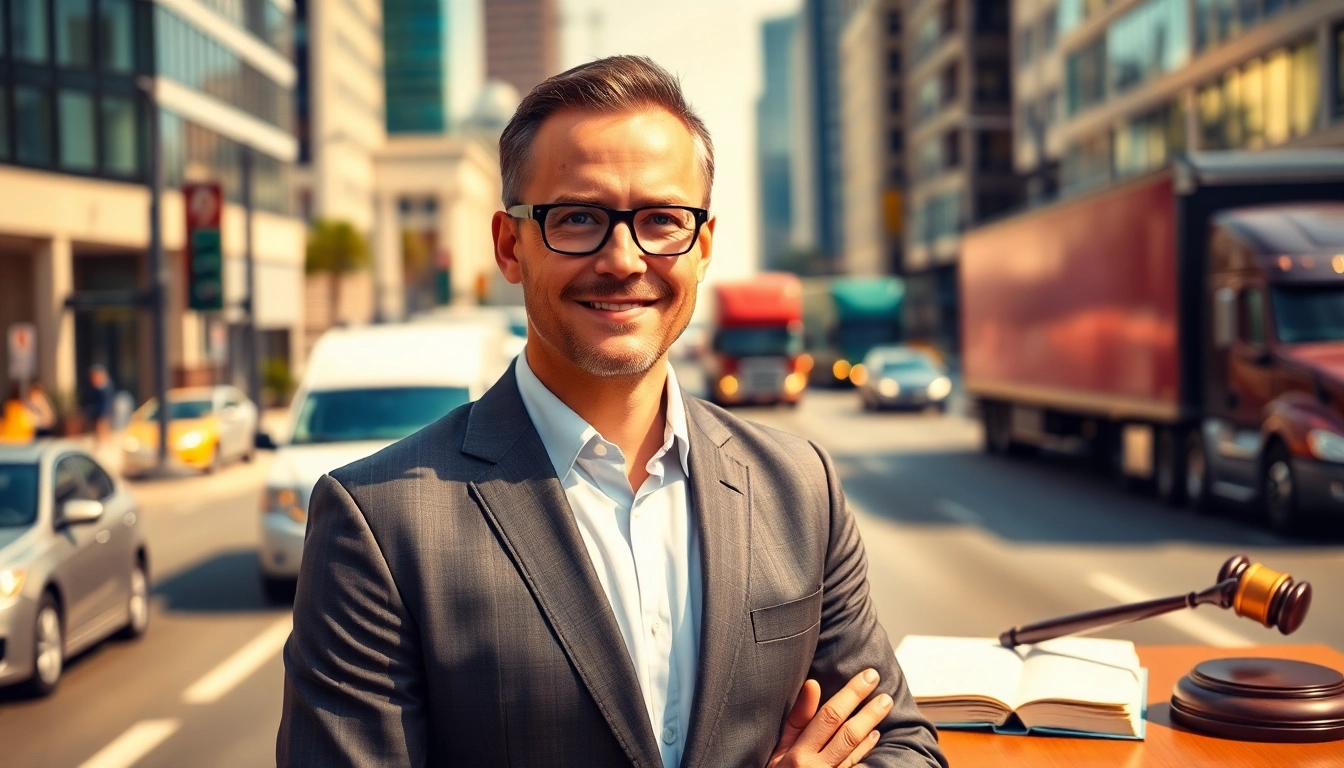 Clearwater truck accident lawyer standing confidently in front of a busy urban backdrop, symbolizing professional legal support.