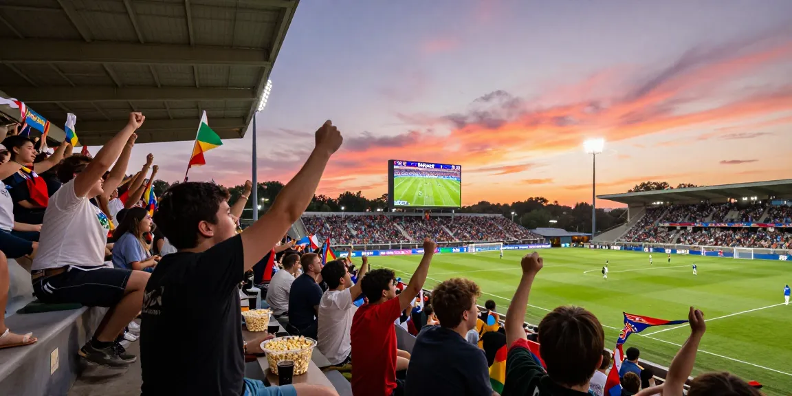Excited fans engaging with live koora broadcast during a soccer match.