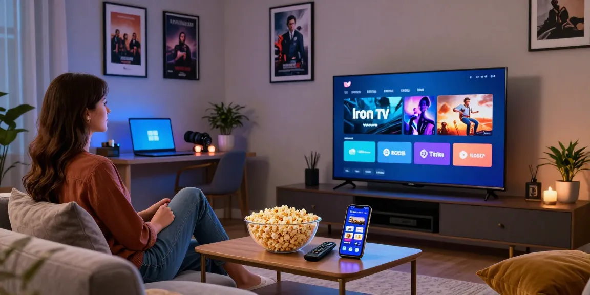 Couple enjoying a movie night with Iron TV in a cozy living room atmosphere.