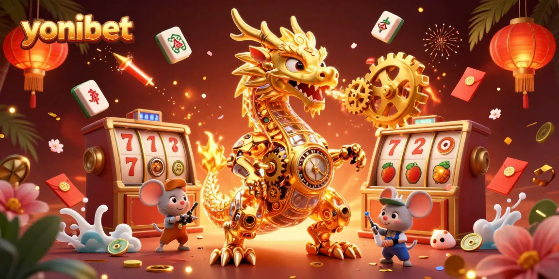 Experience the excitement of yonibet with a vibrant, detailed 3D casino scene featuring a dragon, slots, and festive decorations.