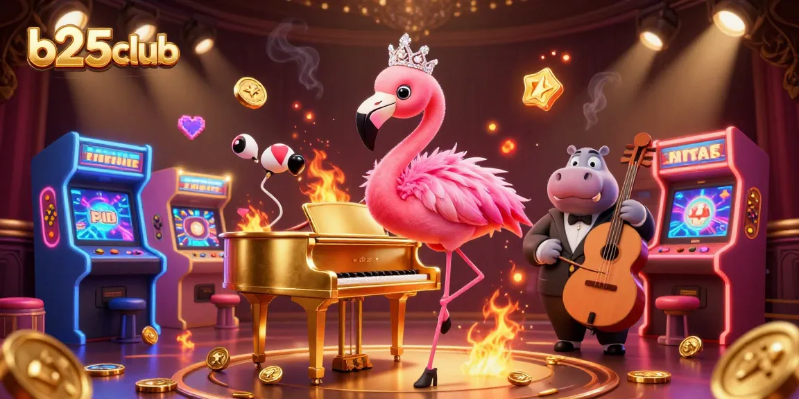 Spin to win at b25club with colorful casino games and vibrant characters like a flamingo singer.