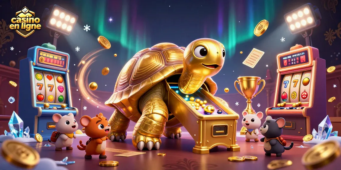 Jeu passionnant au casino en ligne avec tortue dorée et animaux, machines à sous et riches effets visuels.